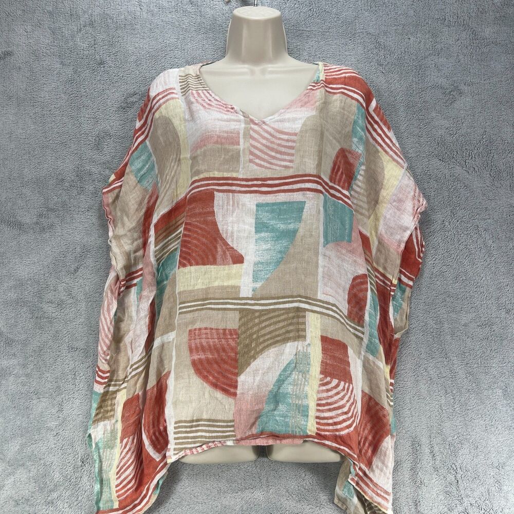 Chico's Poncho Top Womens L/XL Multicolor Geometric Abstract Print 100% Linen